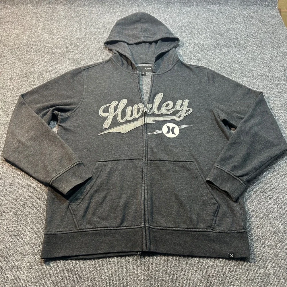 Hurley Mens Full Zip Hoodie Gray Logo Fleece Jacket Large - Picture 2 of 8